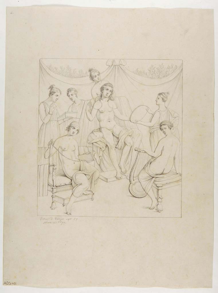 VII.1.47 Pompeii. Room 8, centre of west wall of antecamera. 
Drawing by Nicola La Volpe, of the dressing of Paris, today the painting is completely faded and lost.
Now in Naples Archaeological Museum. Inventory number ADS 491.
Photo © ICCD. http://www.catalogo.beniculturali.it
Utilizzabili alle condizioni della licenza Attribuzione - Non commerciale - Condividi allo stesso modo 2.5 Italia (CC BY-NC-SA 2.5 IT)
See Helbig, W., 1868. Wandgemälde der vom Vesuv verschütteten Städte Campaniens. Leipzig: Breitkopf und Härtel, (1386).