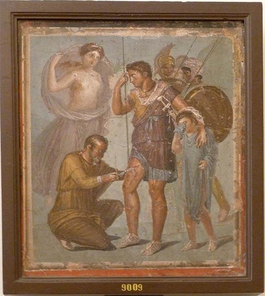 VII.1.47 Pompeii. May 2010. Found in triclinium on north-east side of atrium. Wall painting of the Wounded Aeneas. An injured Aeneas is treated by the surgeon Lapix. Aphrodite rushes to help her son, who leans on the young Ascanius. Now in Naples Archaeological Museum.  Inventory number 9009.