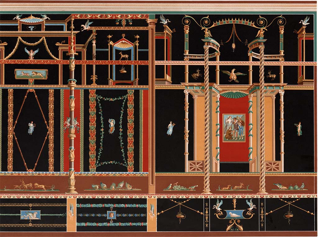VII.1.47 Pompeii. 1886 painting of north wall in triclinium 8 on north-east side of atrium. 
In the second panel from the right is the painting of the wounded Aeneas.
See D’Amelio, P, 1886. Dipinti murali scelte di Pompei. Naples: Richter, Tav. 2.