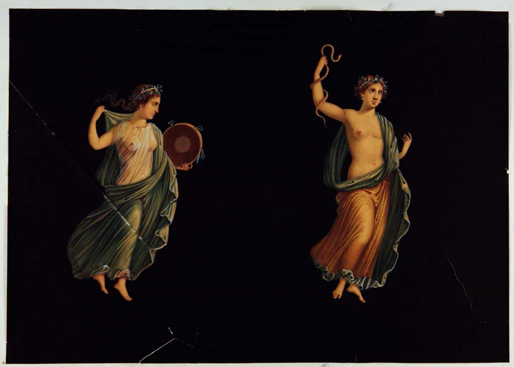 VII.1.47 Pompeii. Room 8, Maenads in flight from side panels with black background. 
Copy painting by Antonio Ala, not signed but attributed to him, the Maenads have now faded. 
Now in Naples Archaeological Museum. Inventory number ADS 496.
Photo © ICCD. http://www.catalogo.beniculturali.it
Utilizzabili alle condizioni della licenza Attribuzione - Non commerciale - Condividi allo stesso modo 2.5 Italia (CC BY-NC-SA 2.5 IT)
See Helbig, W., 1868. Wandgemälde der vom Vesuv verschütteten Städte Campaniens. Leipzig: Breitkopf und Härtel, (485, 494).