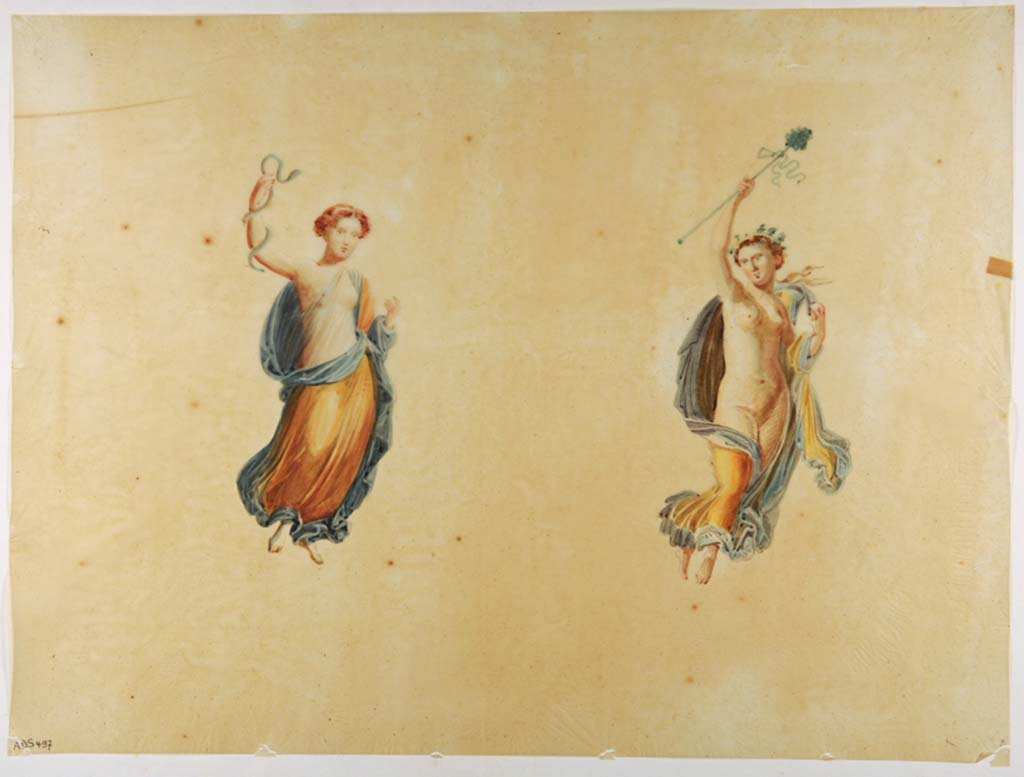 VII.1.47 Pompeii. Room 8, Maenads in flight from side panels of walls. 
Copy painting by Antonio Ala, not signed but attributed to him, the Maenads have now faded.
Now in Naples Archaeological Museum. Inventory number ADS 497.
Photo © ICCD. http://www.catalogo.beniculturali.it
Utilizzabili alle condizioni della licenza Attribuzione - Non commerciale - Condividi allo stesso modo 2.5 Italia (CC BY-NC-SA 2.5 IT)
See Helbig, W., 1868. Wandgemälde der vom Vesuv verschütteten Städte Campaniens. Leipzig: Breitkopf und Härtel, (494, 478)