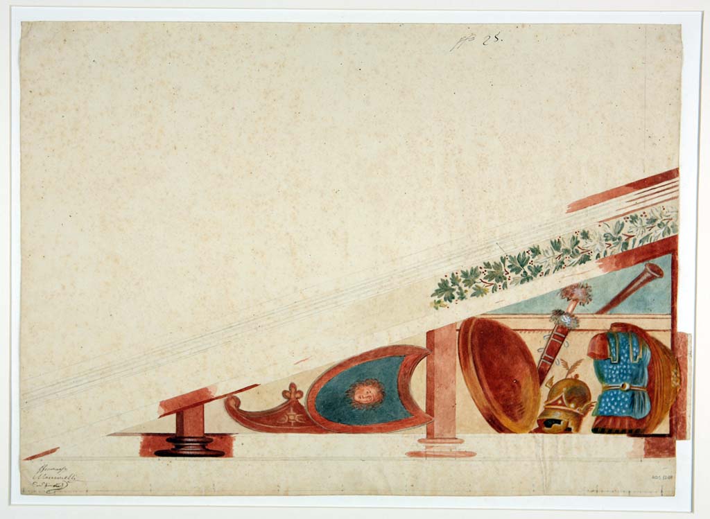 VII.1.47/25 Pompeii. c.1852-55. Detail of watercolour of frieze from west wall of peristyle 19, by Michele Mastracchio. 
Now in Naples Archaeological Museum. Inventory number ADS 1207.
Photo © ICCD. http://www.catalogo.beniculturali.it
Utilizzabili alle condizioni della licenza Attribuzione - Non commerciale - Condividi allo stesso modo 2.5 Italia (CC BY-NC-SA 2.5 IT)