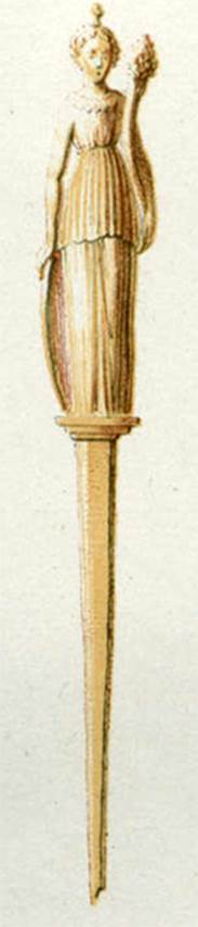 VII.1.47 Pompeii. 1854 drawing of Isis figurine found in the house.
See Niccolini F, 1854. Le case ed i monumenti di Pompei: Volume Primo. Napoli. Casa di Sirico, Tav I, item 26.