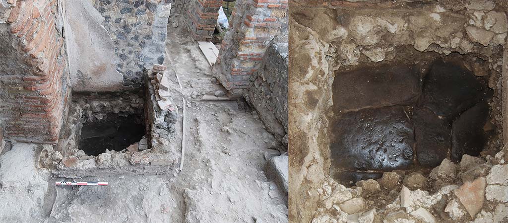 Fig. 12 – Pompéi, boulangerie VII 2, 3.6 7 – structure d’interprétation délicate, inachevée lors de l’éruption mais permettant de percevoir l’existence d’un dallage de basalte lors d’une phase précédente.
Pris de l’ouest. Cliché : P. Larrieu /EFR.