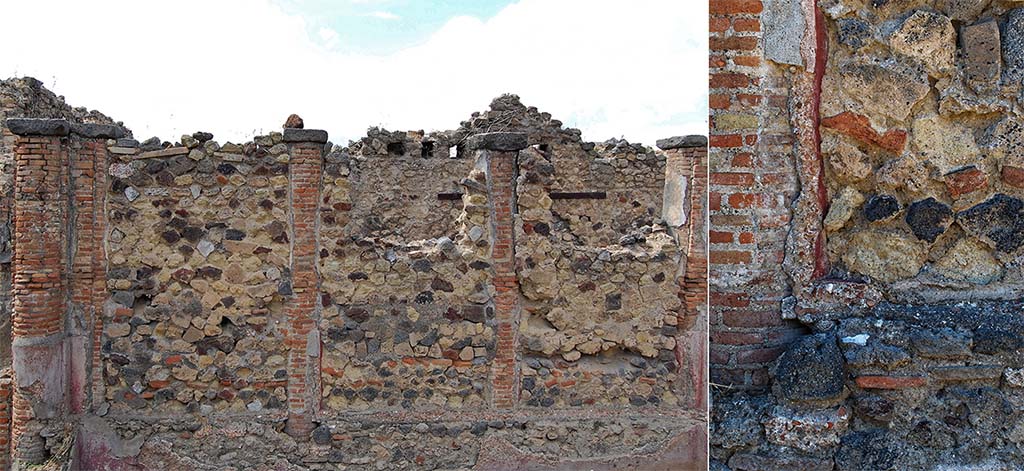 Fig. 28 – Pompéi, boulangerie VII 2, 3.6 – Vue générale du bouchage de l’entrecolonnement du bras septentrional du péristyle.
Vues du sud.
La vue de détail à droite souligne qu’il a été nécessaire de détruire partiellement le revêtement hydraulique pour effectuer ce bouchage.
Clichés : A. Delvigne-Ryrko / N. Monteix – EFR.