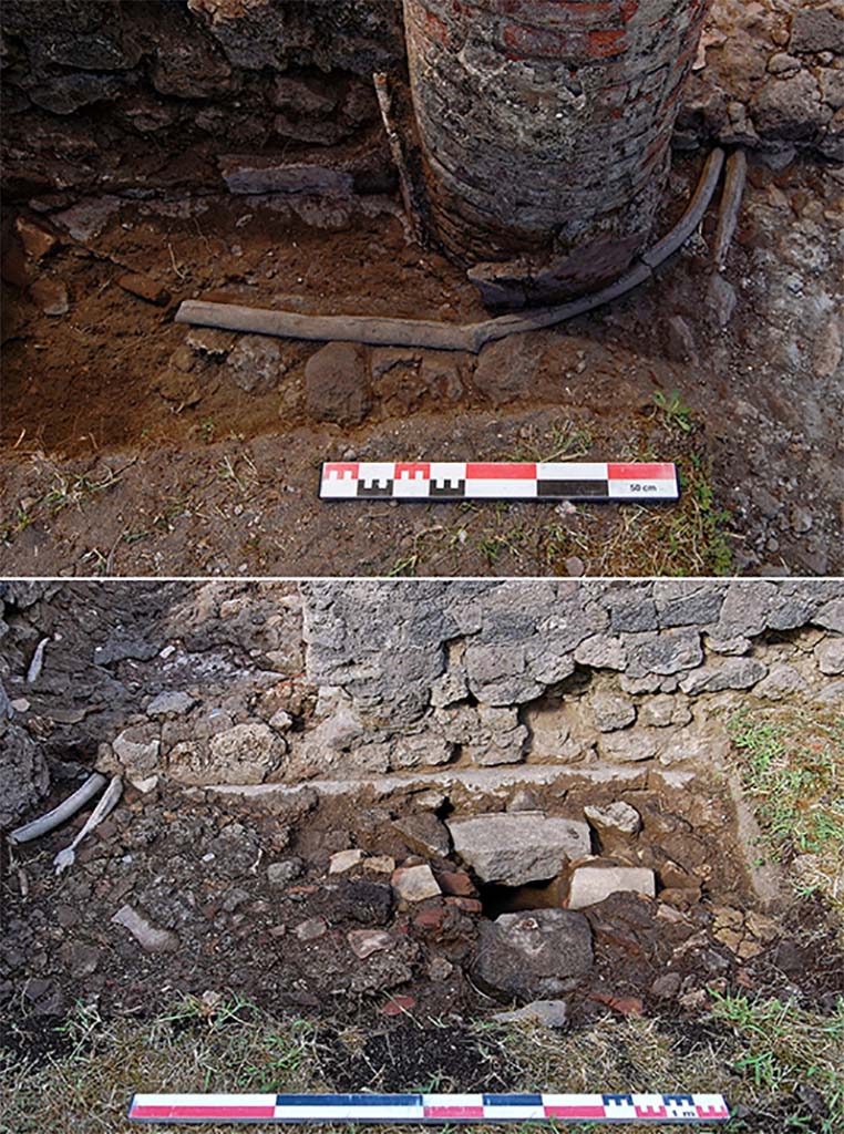 Fig. 29 – Pompéi, boulangerie VII 2, 3.6 – Tuyaux en plomb alimentant la boulangerie en eau sous pression.
On note le tuyau d’acheminement initial qui passe, rectiligne au nord de la colonne ; après avoir débouché dans un probable caisson de répartition, un tuyau alimente le bassin en contournant la colonne (en haut), tandis qu’un second longe le bassin, probablement pour alimenter la salle de façonnage et le four (en bas ; vues du sud).
Clichés : A. Delvigne-Ryrko / A. Dufond – EFR.