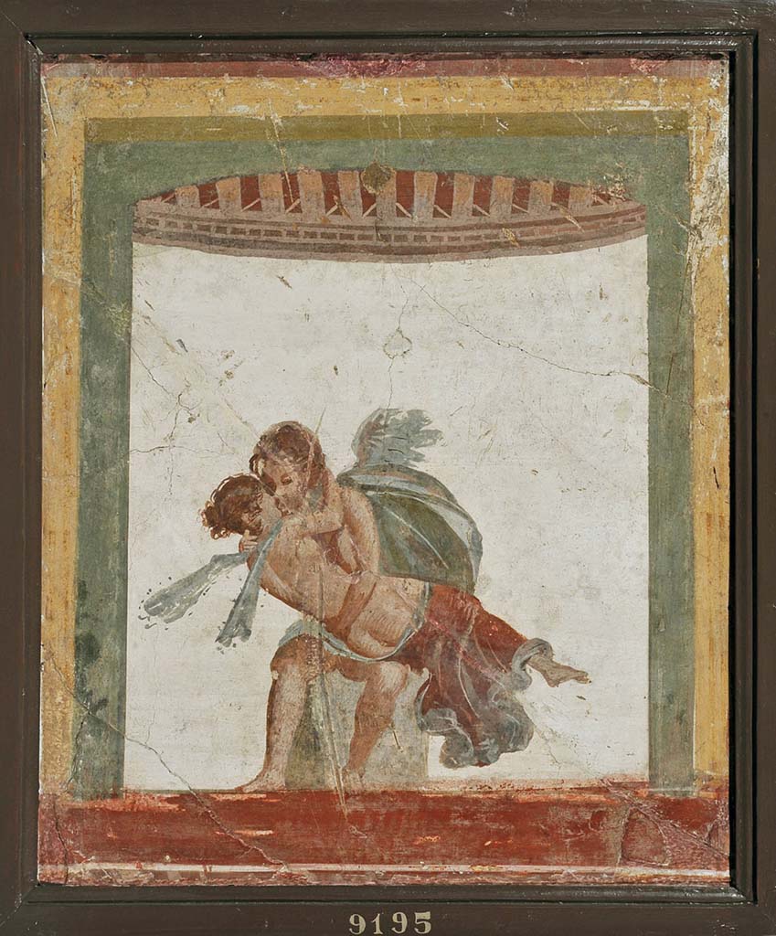 VII.2.6 Pompeii. Fresco of Cupid and Psyche found in the upper zone of the painted architecture of the tablinum. 
Now in Naples Archaeological Museum. Inventory number 9195.