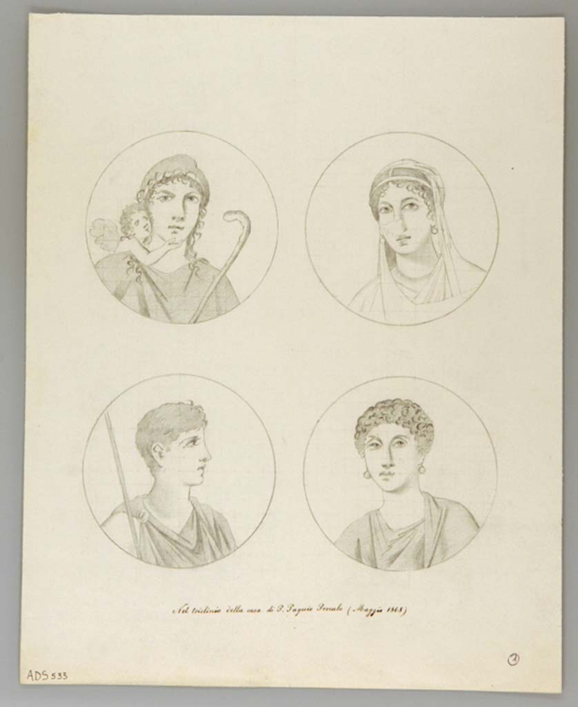 VII.2.6 Pompeii. Drawing (May 1868) by anonymous painter of four medallions, (now disappeared), from triclinium in north-west corner of atrium.
These are the same as above drawings by La Volpe, which are attributed to the corridor, on the south side of the same triclinium.
Now in Naples Archaeological Museum. Inventory number ADS 533.
Photo © ICCD. http://www.catalogo.beniculturali.it
Utilizzabili alle condizioni della licenza Attribuzione - Non commerciale - Condividi allo stesso modo 2.5 Italia (CC BY-NC-SA 2.5 IT)