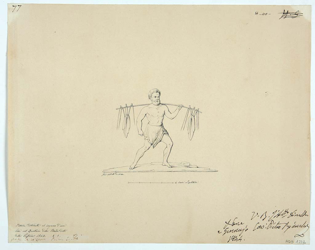 VII.2.11 Pompeii. Drawing by Giuseppe Abbate, 1844, of fresco found on the left side of the entrance doorway.
According to Mau this shows a bearded man carrying an object on a pole, which had the appearance of a garment fresh from the dye
According to Fiorelli (1875), this had already vanished.
See Pappalardo, U., 2001. La Descrizione di Pompei per Giuseppe Fiorelli (1875). Napoli: Massa Editore. (p.80).
See Fiorelli, G. Descrizione di Pompei, 1875, (p.184)
Now in Naples Archaeological Museum. Inventory number ADS 1222.
Photo © ICCD. http://www.catalogo.beniculturali.it
Utilizzabili alle condizioni della licenza Attribuzione - Non commerciale - Condividi allo stesso modo 2.5 Italia (CC BY-NC-SA 2.5 IT)