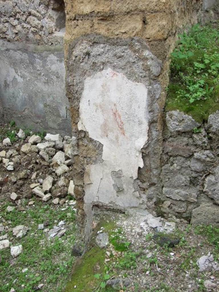 VII.2.14 Pompeii. March 2009. Garden room.  Remains of painting of a male figure looking towards the scene of the sacrifice on the lararium.
See Fröhlich, T., 1991. Lararien und Fassadenbilder in den Vesuvstädten. Mainz: von Zabern. (L80: T40,1).
See Giacobello, F., 2008. Larari Pompeiani: Iconografia e culto dei Lari in ambito domestico.  Milano: LED Edizioni. (p278).
According to Boyce, the man, nude except for a limus about his hips, held in each hand an object which was not discernable at the time of excavation. This figure was larger than those of the lararium painting, better painted, and perhaps belonged to an earlier decoration.
See Boyce G. K., 1937. Corpus of the Lararia of Pompeii. Rome: MAAR 14. (p.61-2, 249, Pl. 23,1)