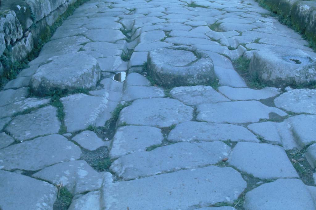 Via Stabiana, Pompeii.  4th December 1971. Stepping stones from VII.2.14 (on left) towards IX.4.9 (on right). 
Photo courtesy of Rick Bauer, from Dr George Fay’s slides collection.