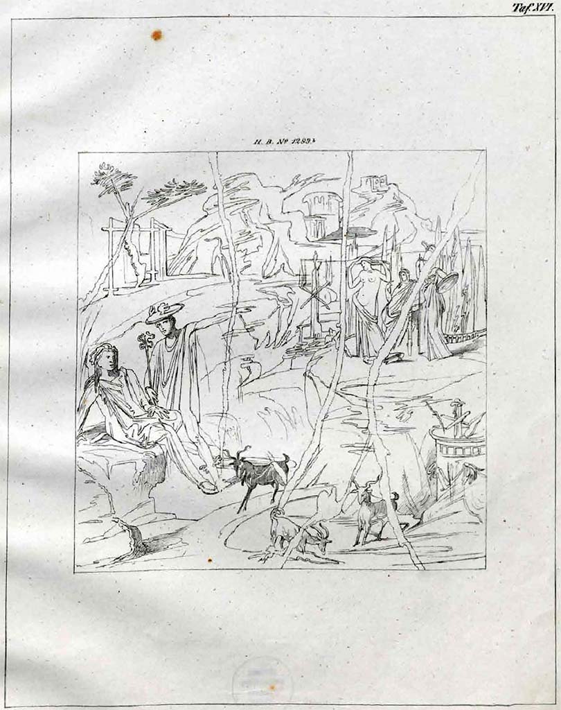 VII.2.14 Pompeii. 1868. Tablinum, south wall. Drawing by Helbig of the painting of the Judgement of Paris.
See Helbig, W., 1868. Wandgemälde der vom Vesuv verschütteten Städte Campaniens. Leipzig: Breitkopf und Härtel, 1283b, Taf. XVI.