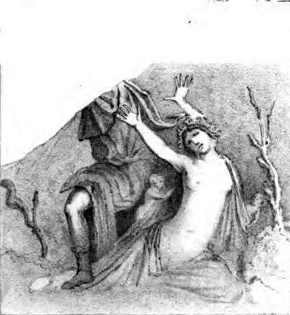 VII.2.16 Pompeii. Room 8, oecus. 
Painting of Lycurgus and bacchante, presumably from the south wall, opposite the other painting on the north wall..
See Archaologische Zeitung, 27, 1869, Tafel 21,2.