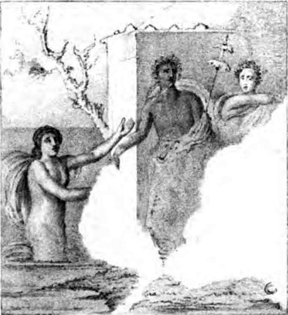 VII.2.16 Pompeii. Room 8, oecus. North wall. Painting of Myth of Lycurgus with Dionysus and maenad.
See Archäologische Zeitung, 27, 1869, Tafel 21,1.
Kuivalainen comments –
This is a half-naked young Bacchus persecuted by Lycurgus, fleeing into the sea and to the safety of Thetis. The billowing cloak is also sometimes depicted in paintings of the discovery of Ariadne and meeting other humans. The gestures here are noteworthy for expressing feelings: Thetis anxious, Bacchus calm and having almost reached safety, as the touching arms indicate; the maenad is trying to protect herself, while checking on the progress of the other two. Most probably there were other figures in the destroyed part.
See Kuivalainen, I., 2021. The Portrayal of Pompeian Bacchus. Commentationes Humanarum Litterarum 140. Helsinki: Finnish Society of Sciences and Letters, (F28, p.181).