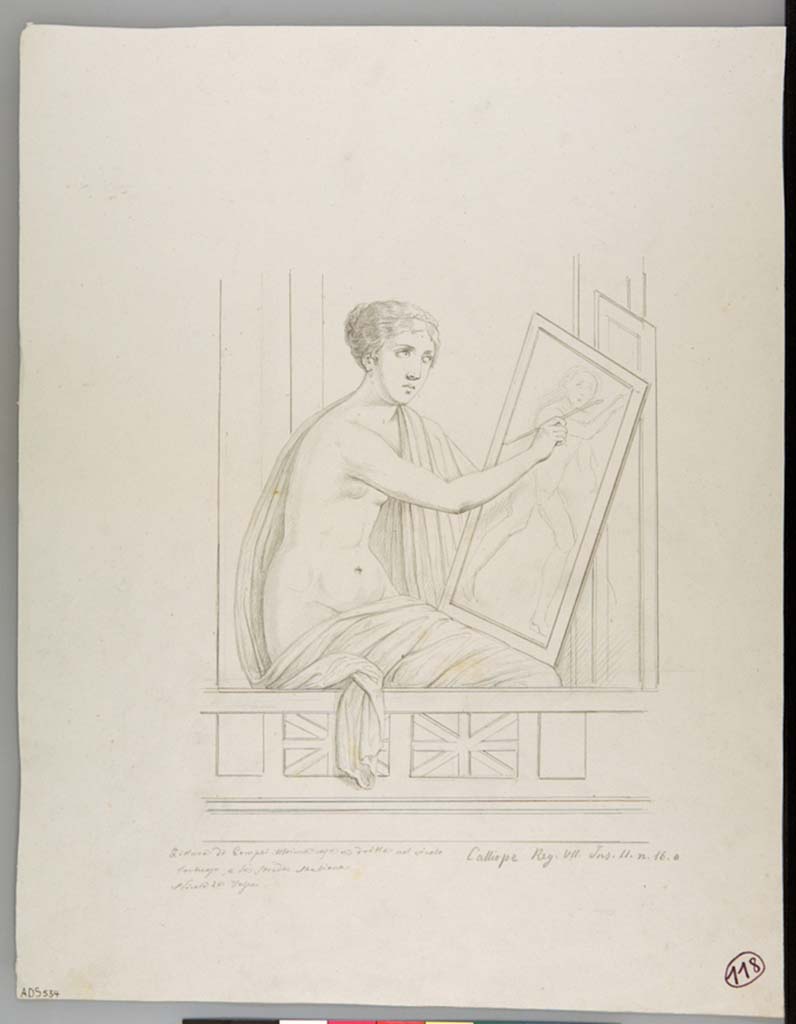VII.2.16 Pompeii. Drawing by Nicola La Volpe, from the north end of east wall, the Muse Calliope or Clio intent on drawing a Satyr.
Now in Naples Archaeological Museum. Inventory number ADS 534.
Photo © ICCD. http://www.catalogo.beniculturali.it
Utilizzabili alle condizioni della licenza Attribuzione - Non commerciale - Condividi allo stesso modo 2.5 Italia (CC BY-NC-SA 2.5 IT)
