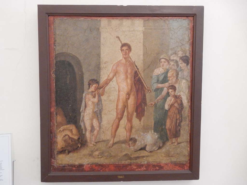 VII.2.16 Pompeii. Room 17, east wall of exedra.  
Wall painting of Theseus being honoured by the Athenians after killing the Minotaur who lies on the ground.
Now in Naples Archaeological Museum. Inventory number 9043.
Photo courtesy of Buzz Ferebee.