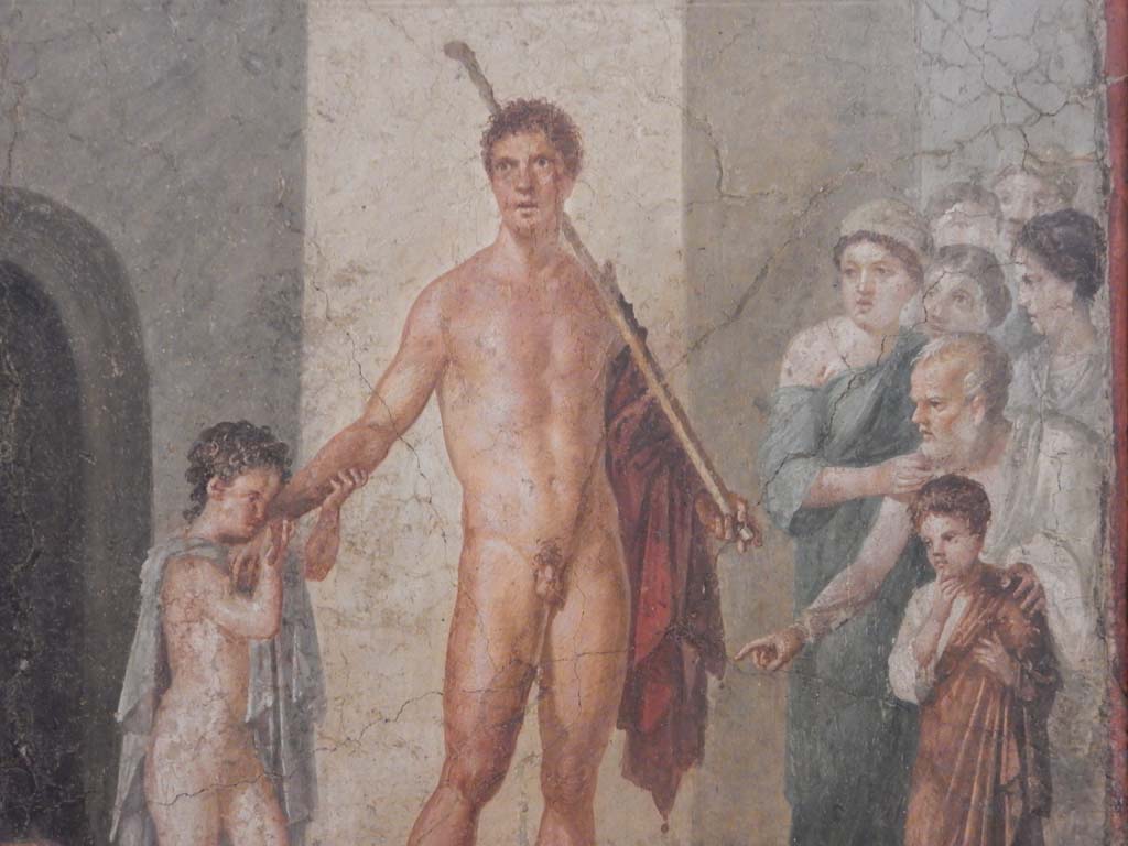 VII.2.16 Pompeii. June 2019. Room 17, detail from painting of Theseus from east wall of exedra.  
Photo courtesy of Buzz Ferebee.
