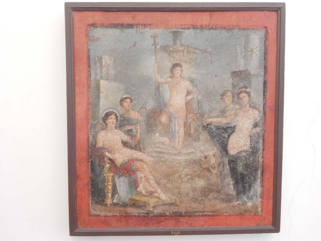 VII.2.16 Pompeii. June 2019. Room 17, south wall of exedra.  
Wall painting of the contest between Venus and Hesperus.   
Apollo the judge is sitting on the left.
Now in Naples Archaeological Museum. Inventory number: 9449.
Photo courtesy of Buzz Ferebee.