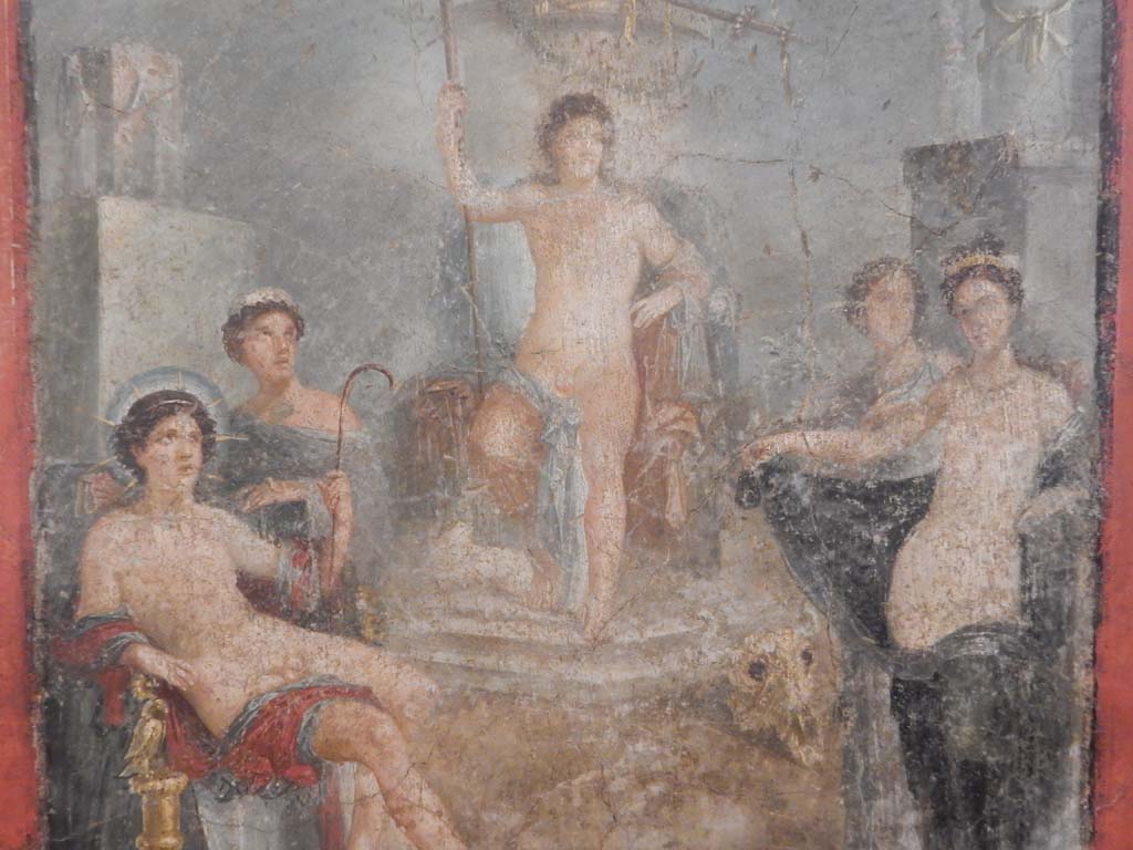 VII.2.16 Pompeii. June 2019. Room 17, detail from painting on south wall of exedra.  
Photo courtesy of Buzz Ferebee.