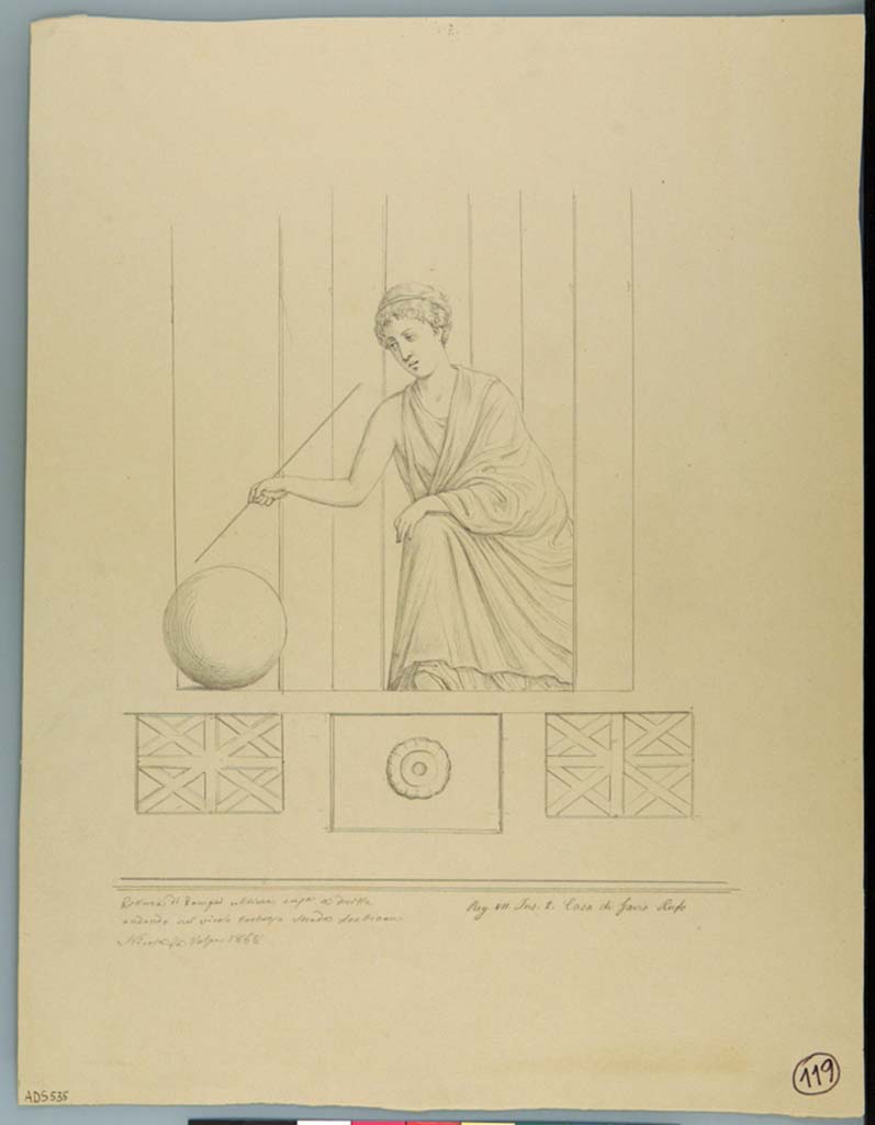 VII.2.16 Pompeii. Drawing by Nicola La Volpe, 1868, from right (west) side of south wall, the Muse Urania,
Now in Naples Archaeological Museum. Inventory number ADS 535.
Photo © ICCD. http://www.catalogo.beniculturali.it
Utilizzabili alle condizioni della licenza Attribuzione - Non commerciale - Condividi allo stesso modo 2.5 Italia (CC BY-NC-SA 2.5 IT)