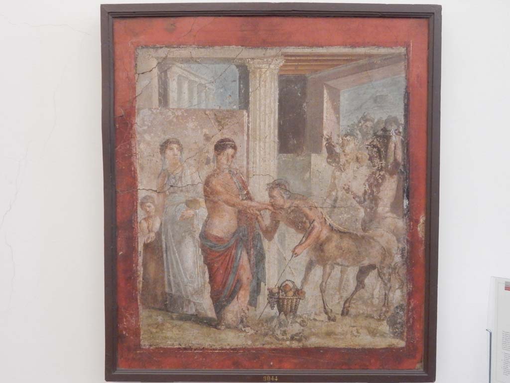 VII.2.16 Pompeii. June 2019. Room 17, west wall of exedra.  
Wall painting of the wedding of Pirithous and Hippodamia.  
Pirithous is receiving homage from one of the centaurs who are guests at the wedding.  
Later at the wedding the Battle of Lapiths and Centaurs took place.
Now in Naples Archaeological Museum. Inventory number 9044.
Photo courtesy of Buzz Ferebee.