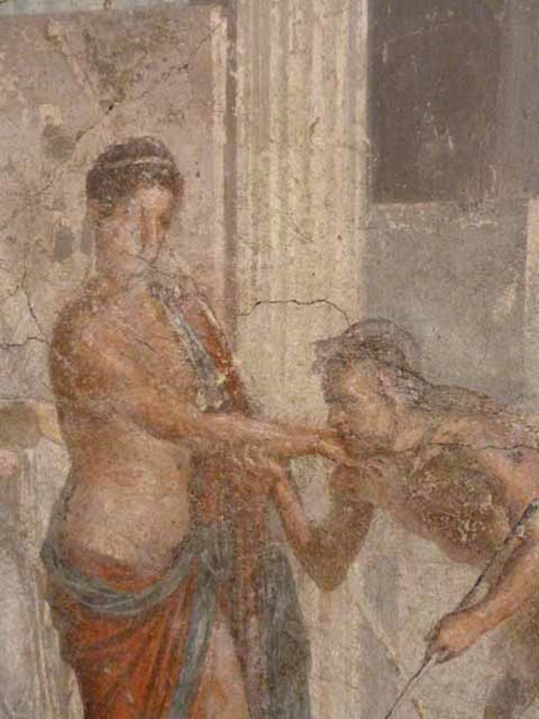 VII.2.16 Pompeii. Room 17, detail from painting on west wall of exedra.  
Pirithous receiving homage from a centaur.