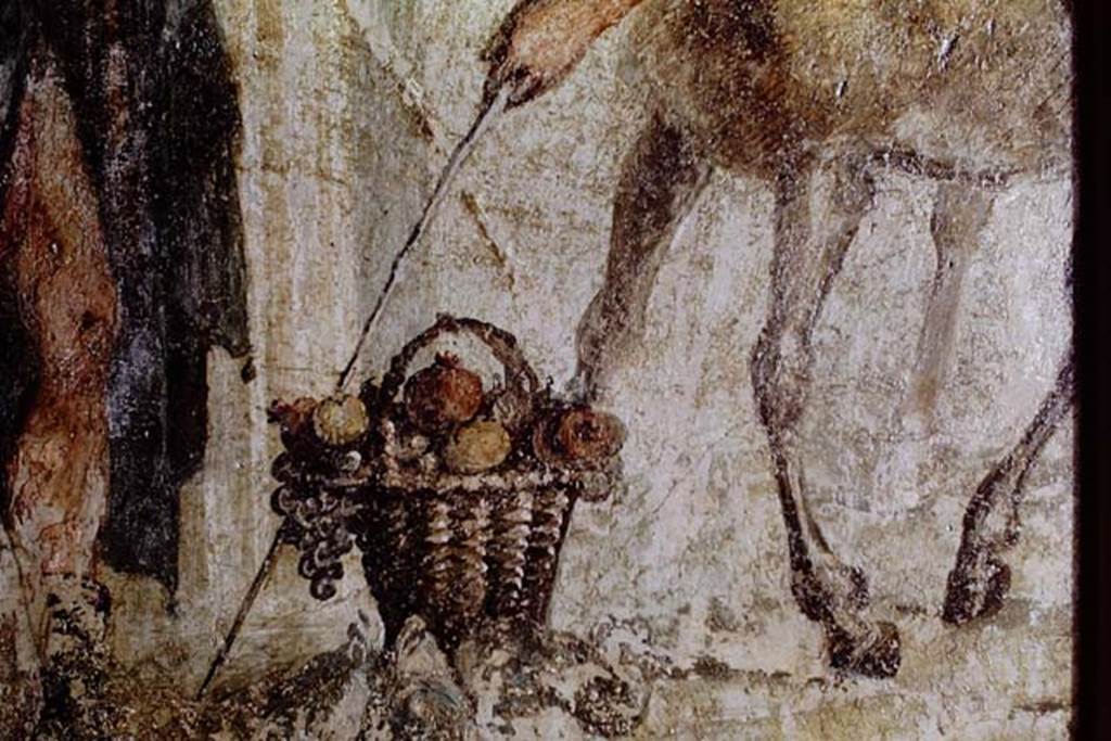 VII.2.16 Pompeii. 1968. Room 17, detail from painting on west wall of exedra.  The basket of fruit brought as a gift. Photo by Stanley A. Jashemski.
Source: The Wilhelmina and Stanley A. Jashemski archive in the University of Maryland Library, Special Collections (See collection page) and made available under the Creative Commons Attribution-Non Commercial License v.4. See Licence and use details. J68f0801