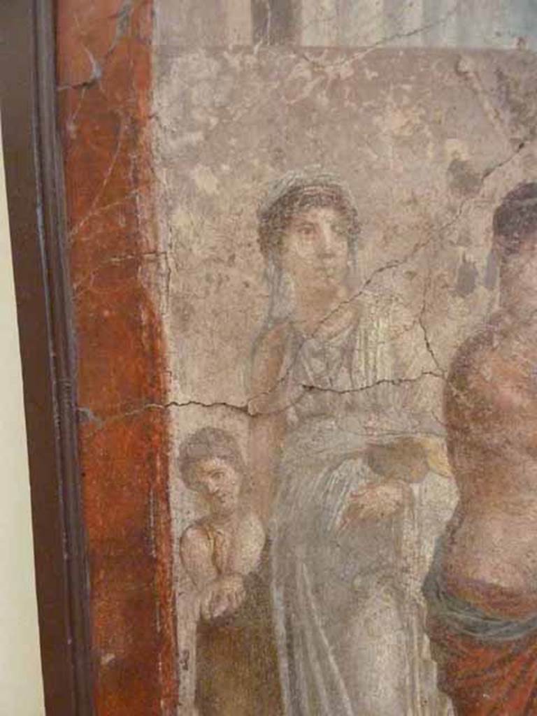 VII.2.16 Pompeii. Room 17, detail from painting on west wall of exedra.  
The bride Hippodamia and a hand maid.