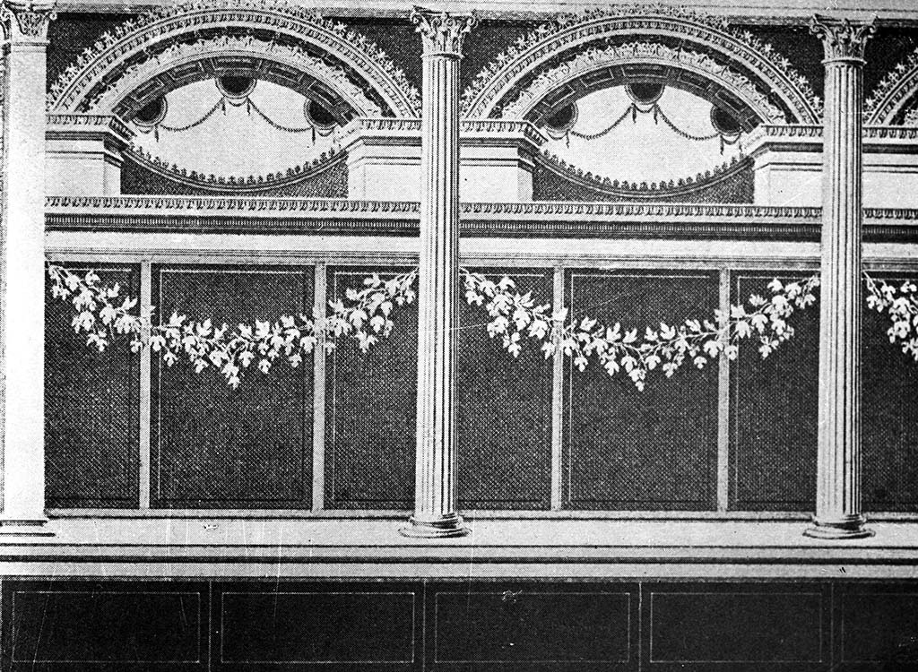 VII.2.16 Pompeii. W.3. Room 20, drawing of wall decorations from triclinium walls.
Photo by Tatiana Warscher. Photo © Deutsches Archäologisches Institut, Abteilung Rom, Arkiv.