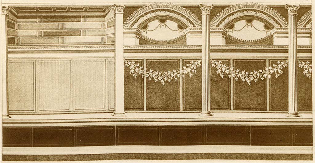 VII.2.16 Pompeii. Room 20, drawing by A. Sikkard of wall decorations from triclinium walls. 
See Mau, A. 1882. Geschichte der Decorativen Wandmalerei in Pompeji. Berlin: Reimer, Taf. IV.