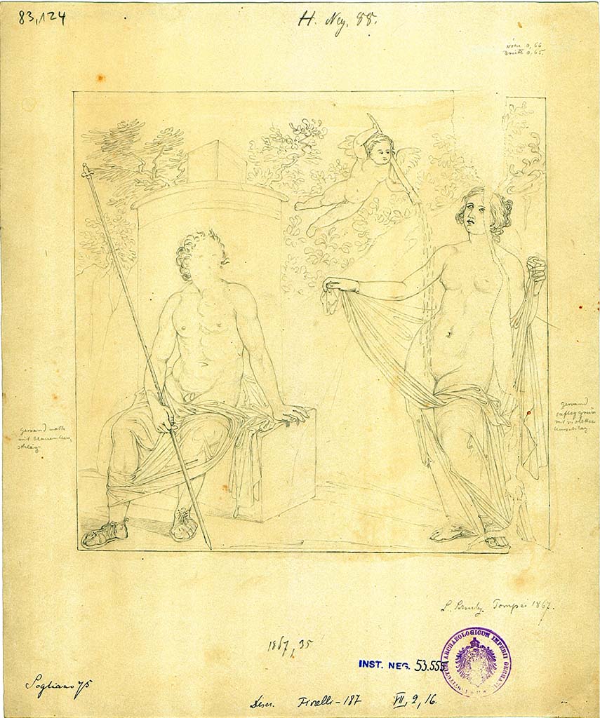 VII.2.16 Pompeii. 1867. Room 3, north wall of oecus, sketch by L. Schulz of painting of Zeus and Danae and the golden rain.
DAIR 83.124. Photo © Deutsches Archäologisches Institut, Abteilung Rom, Arkiv.