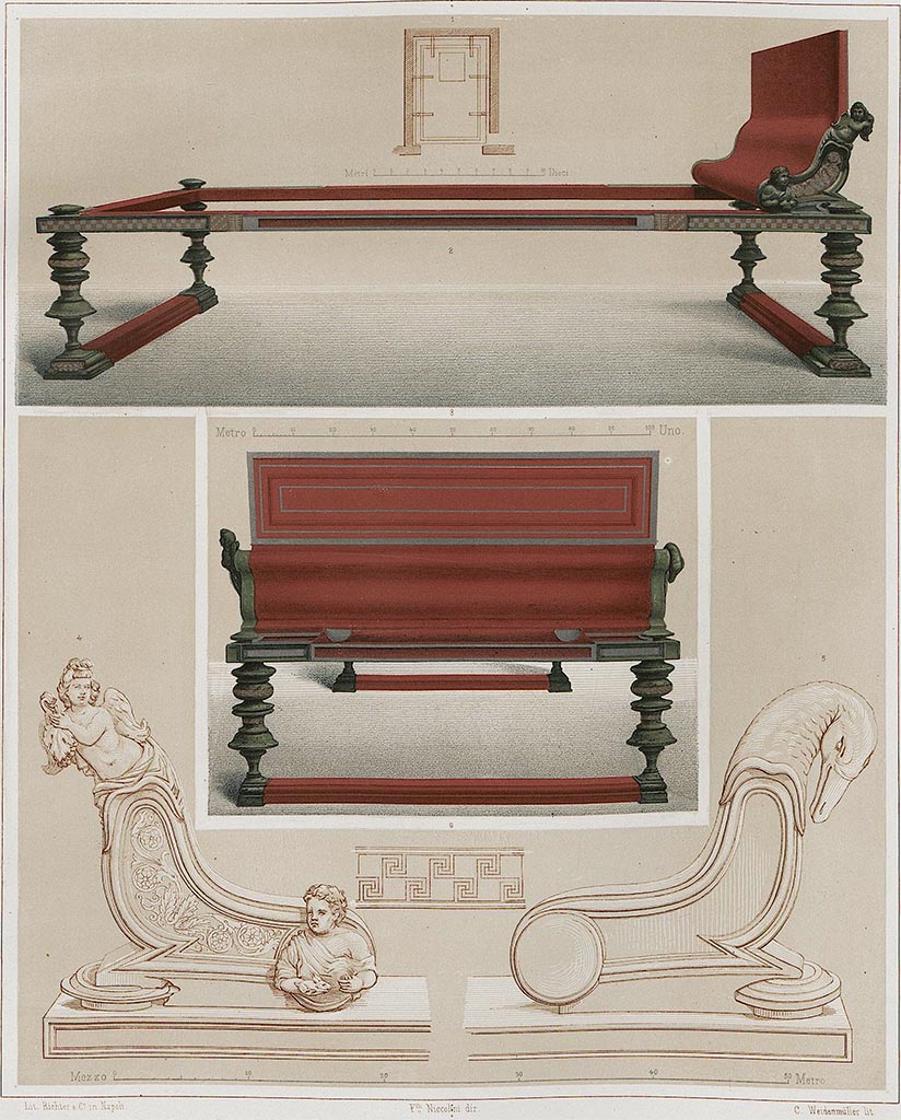VII.2.18 Pompeii. Pre-1862. Room 21, painting by Niccolini of triclinium couches.
According to Niccolini –
“In the room to the right of the tablinum, three couches were found, as indicated by the small plan at the top of the drawing, showing three walls of the room, while in the middle was the usual area for the remains of the small table.  It was clear that the skeleton of these beds was made of wood with bronze inlaid in silver, the ornaments that decorated them.
The second shows the side of the bed, the site of the pillows.
The third shows the rear of the bed, with the precise and clear detail of the decoration in bronze.”
See Niccolini F, 1862. Le case ed i monumenti di Pompei: Volume Secondo. Napoli, Tav. XXXV.