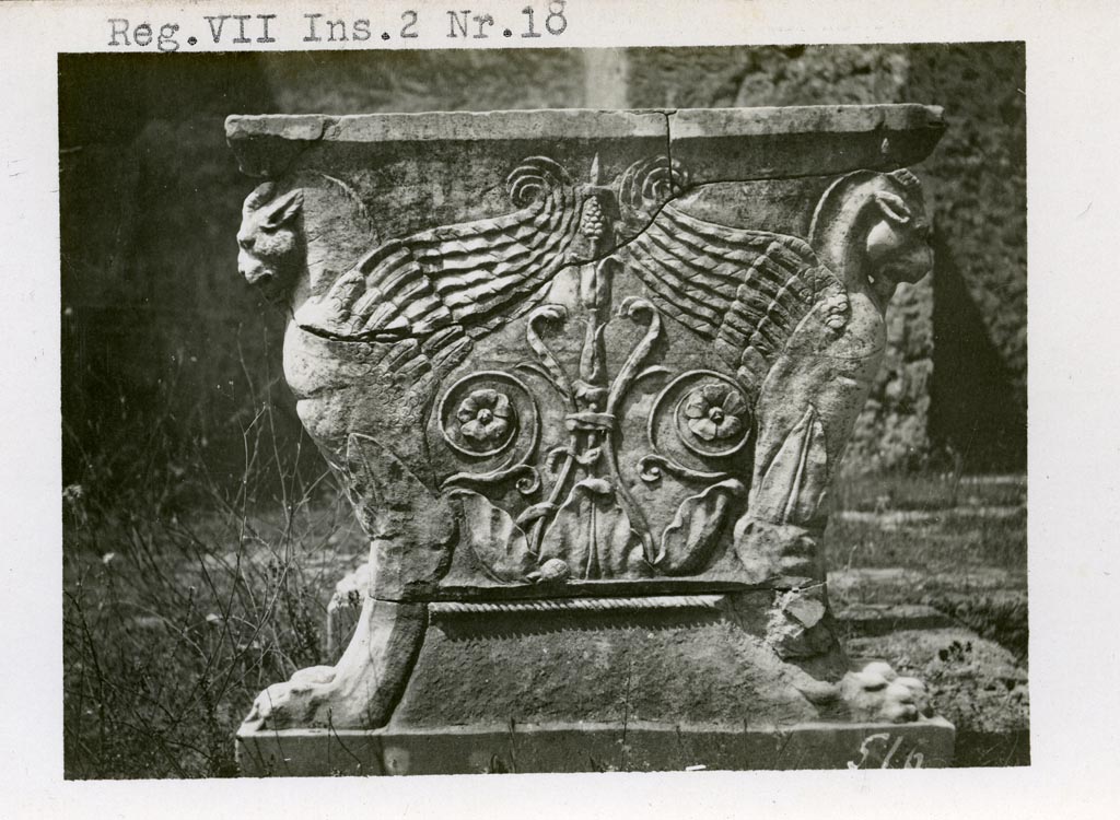VII.2.18 Pompeii. Pre-1937-39. Room 1, atrium. East side of marble table legs of winged panthers.  
Photo courtesy of American Academy in Rome, Photographic Archive. Warsher collection no. 516.