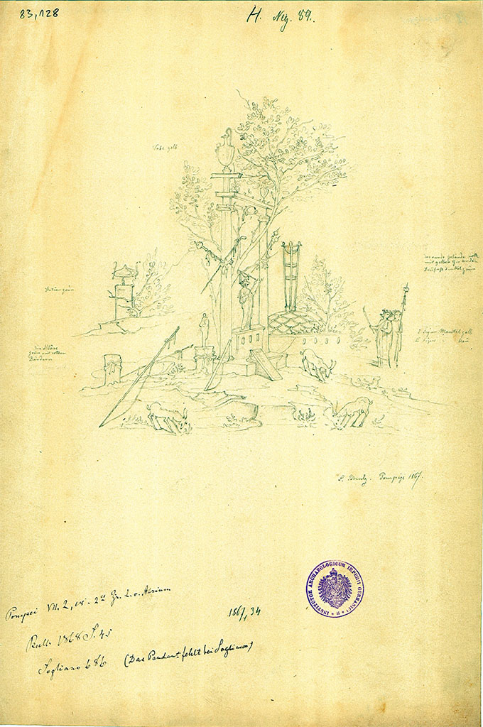 VII. 2.18 Pompeii. Room 4, sacred landscape seen on east wall. Sketch by L. Schulz, 1867.
DAIR 83.128. Photo © Deutsches Archäologisches Institut, Abteilung Rom, Arkiv.