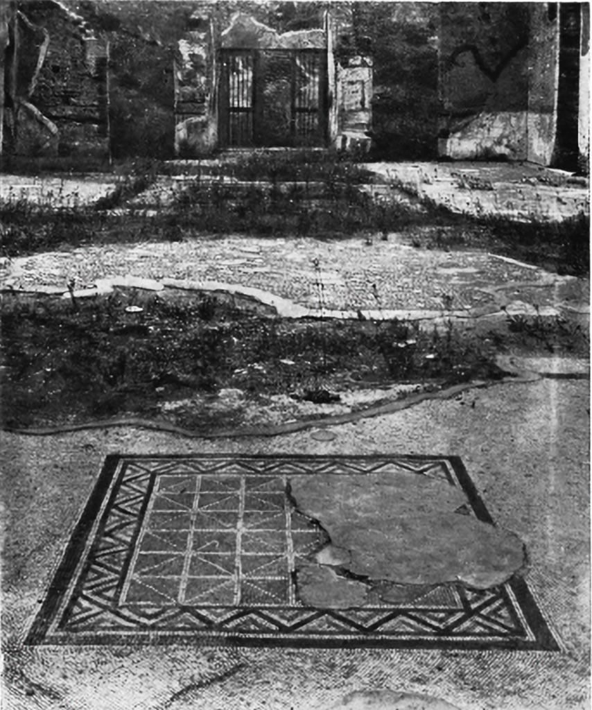 VII.2.20 Pompeii. c.1930. 
Looking north from emblema in centre of tablinum O1, (note: our room 8) across atrium towards entrance doorway.
According to Blake –
The atrium was later than the tablinum and belonged to the period of wall decorations in the Second Style. (p.61).
A similar cancellum, (in colours) though much restored, forms an attractive centre for the tablinum. 
The pavements of this house fall into two groups.
Those of the tablinum and the room behind it, and those to the right and left of these two are of finer tesserae (0.05cms to 0.08cms by 0.05cms to 0.06cms deep) and seems to be at a slightly lower level than the atrium. And yet the lithostroton of the atrium, with its pieces of coloured limestone (such pieces of marble as occur are in patches), and the alae with their thresholds of the Greek meander in which every square is different, cannot be later than the period of Augustus. Walls of a later transformation actually rest on the meander borders, (p.74).
See Blake, M., (1930). The pavements of the Roman Buildings of the Republic and Early Empire. Rome, MAAR, 8, (p.61 & 74, & pl.17, tav.4).