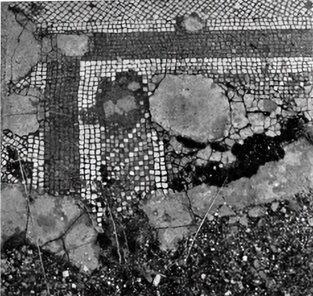 VII.2.20 Pompeii. c.1930. Room 14, mosaic flooring.
According to Blake –
This photo, showing a partially destroyed mosaic is published not so much for its intrinsic value, as from the desire to preserve a record of it.  
The border is now completely lost. (p.12).
In the room at the left (of the tablinum), oblique rows in different colours once made a neat border. (pl.46, fig.1) for the centre now lost. (p.75).
See Blake, M., (1930). The pavements of the Roman Buildings of the Republic and Early Empire. Rome, MAAR, 8, (p.12 & 75, Pl.46, tav.1).