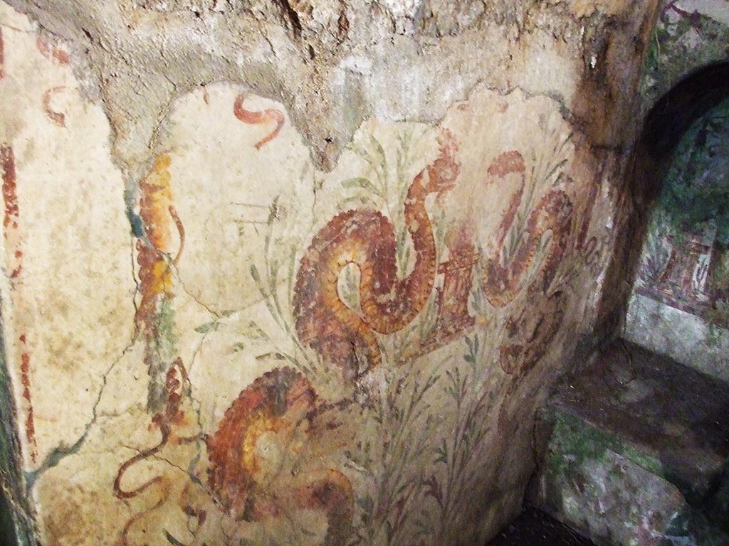VII.2.20 Pompeii. December 2007. 
Sacellum.  On the west wall of the room are painted two huge yellow serpents, confronting a small altar. See Boyce, above.