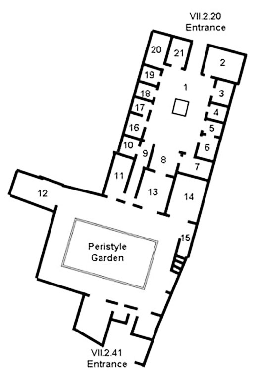 VII.2.20 plan VII.2.20 Pompeii. Casa di N. Popidius Priscus or Casa dei Marmi
Room Plan