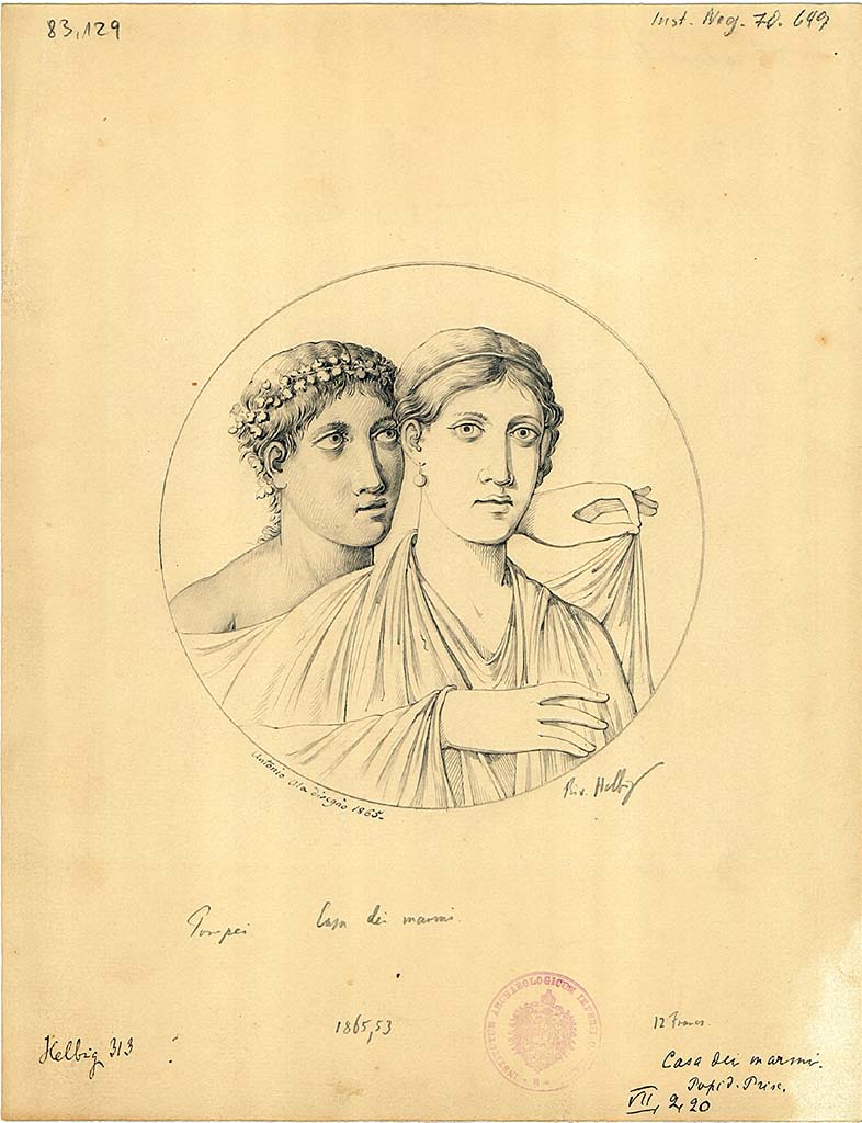 VII.2.20 Pompeii. 1865 drawing by Antonio Ala of medallion seen in atrium, described as Mars and Venus.
DAIR 83.129. Photo © Deutsches Archäologisches Institut, Abteilung Rom, Arkiv.