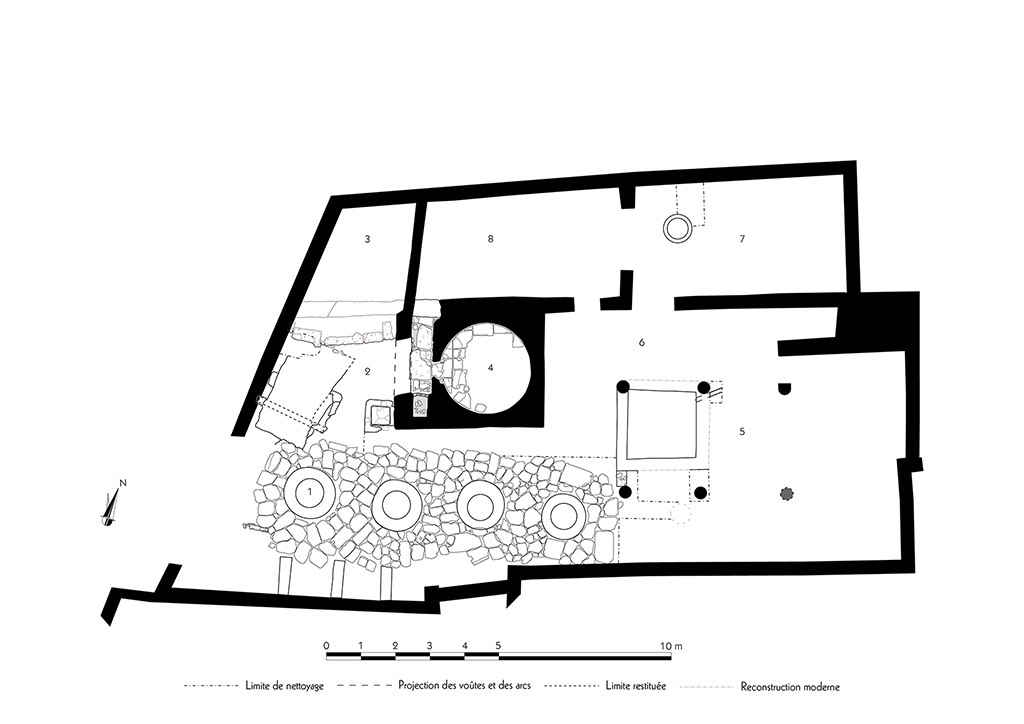 Fig. 32 – Pompéi, boulangerie VII 2, 22 – Relevé de l’ensemble de la boulangerie.
Échelle : 1/100.
Relevé / dessin : F. Fouriaux / N. Monteix / S. Mencarelli – EFR.