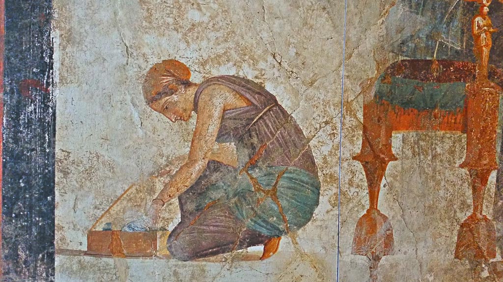 VII.2.23 Pompeii. 
Found on the south wall of the tablinum on 5th August 1844. Detail from the wall painting of Mars and Venus.
Now in Naples Archaeological Museum. Inventory number 9249.  Photo courtesy of Giuseppe Ciaramella, November 2018.