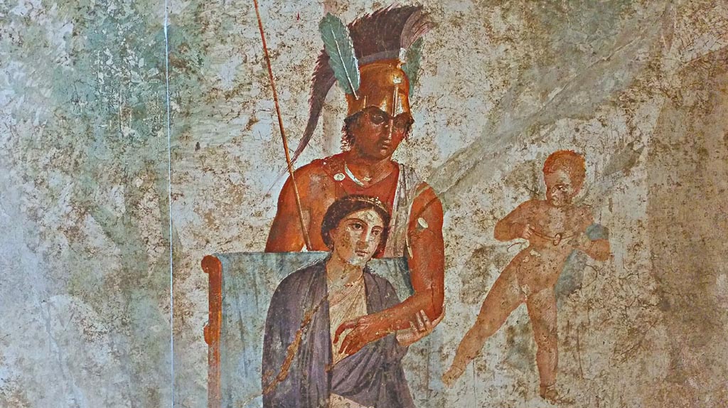 VII.2.23 Pompeii. 
Found on the south wall of the tablinum on 5th August 1844. Detail from the wall painting of Mars and Venus.
Now in Naples Archaeological Museum. Inventory number 9249.  Photo courtesy of Giuseppe Ciaramella, November 2018.