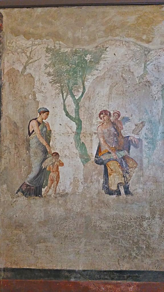 VII.2.23 Pompeii. Found on the north wall of the tablinum on 5th August 1844.
Wall painting of Persuasion brings Love (Amor) to Venus for punishment for firing his arrow at the wrong target.
Now in Naples Archaeological Museum. Inventory number 9257.
Photo courtesy of Giuseppe Ciaramella, November 2018.