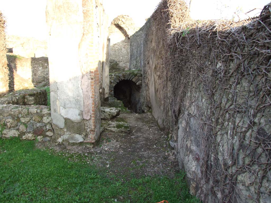 VII.2.23 Pompeii. December 2006. 
Looking east along south side of atrium. Looking towards corridor with base of two steps to upper floor and cellar entrance.