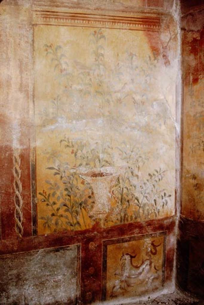 VII.2.25 Pompeii. 1964. Viridarium, south end of east wall. Painting of plants and birds, with a painted urn or crater.  Photo by Stanley A. Jashemski.
Source: The Wilhelmina and Stanley A. Jashemski archive in the University of Maryland Library, Special Collections (See collection page) and made available under the Creative Commons Attribution-Non Commercial License v.4. See Licence and use details.
J64f1378