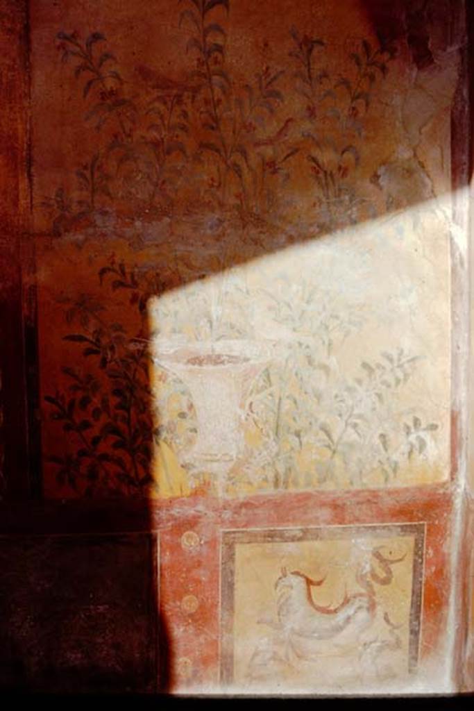 VII.2.25 Pompeii. 1961. Viridarium, south end of east wall. Painting of plants and birds, with a painted urn or crater. Photo by Stanley A. Jashemski.
Source: The Wilhelmina and Stanley A. Jashemski archive in the University of Maryland Library, Special Collections (See collection page) and made available under the Creative Commons Attribution-Non Commercial License v.4. See Licence and use details.
J61f0765
