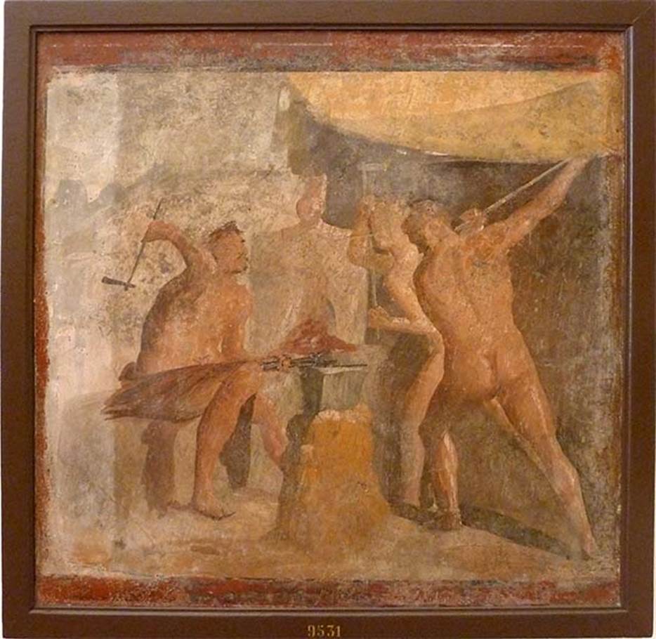VII.2.25 Pompeii. May 2010. Wall painting from triclinium.
The workshop of Hephaistos, where the powerfully muscled Cyclops forge the armour of the heroes.
Now in Naples Archaeological Museum.  Inventory number 9531.
According to Helbig, the painting was found in a triclinium on the left from the garden.
See Helbig, W., 1868. Wandgemälde der vom Vesuv verschütteten Städte Campaniens. Leipzig: Breitkopf und Härtel. (259)