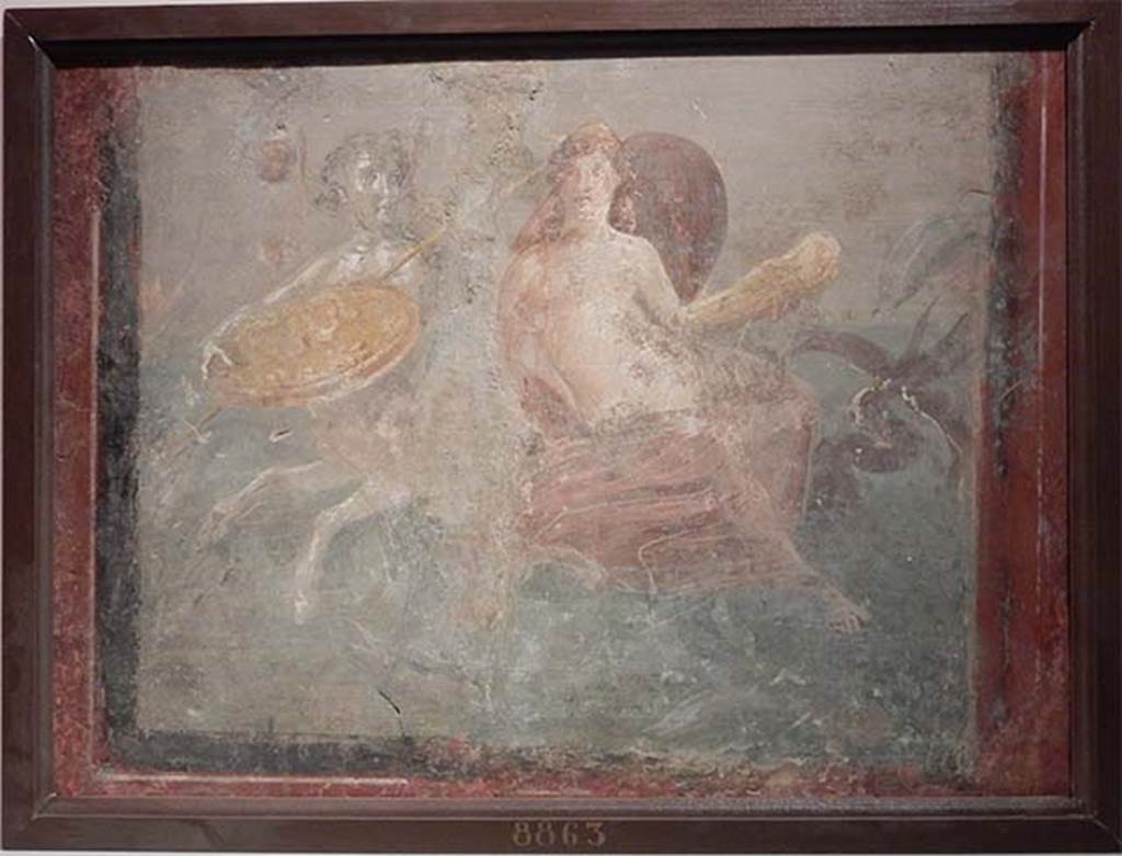 VII.2.25 Pompeii. Wall painting from triclinium. 
On the museum card in 2016 the description is as follows.
A marine centaur bears Achilles’ shield and Thetis. 
His greaves, in the form of dolphins, swim around them.
Now in Naples Archaeological Museum. Inventory number 8863.
Photo courtesy of Buzz Ferebee.
Helbig describes this as:
Thetis, von den Hüften abwarts mit einem rothen Gewande bedeckt, eine Stephane um das Haupt, sitzt auf einem jugendlichen Seekentauren, welcher sich nach ihr umblickt. In der L. hält sie eine goldfarbige Beinschiene, der Kentaur einen Schild, worauf als Zeichen ein Delphin zu sehen ist, und einen stabähnlichen Gegenstand, vermuthlich einen Speer.
See Helbig, W., 1868. Wandgemälde der vom Vesuv verschütteten Städte Campaniens. Leipzig: Breitkopf und Härtel, 1319.