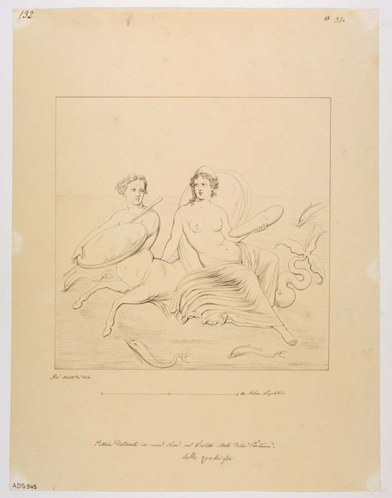 VII.2.25 Pompeii. Drawing by Giuseppe Abbate, 1846, of the painting of Thetis riding on a marine centaur with the arms of Achilles.
Found on the west wall of triclinium on a red background. 
Originally the excavators described this painting as Venus with the arms of Mars.
Now in Naples Archaeological Museum. Inventory number ADS 545.
Photo © ICCD. http://www.catalogo.beniculturali.it
Utilizzabili alle condizioni della licenza Attribuzione - Non commerciale - Condividi allo stesso modo 2.5 Italia (CC BY-NC-SA 2.5 IT)