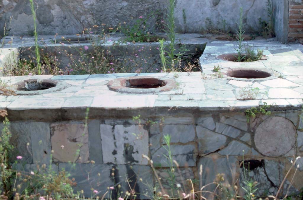 VII.2.32, Pompeii. 1976. Detail of marble clad counter, looking east. Photo courtesy of Rick Bauer, from Dr George Fay’s slides collection.